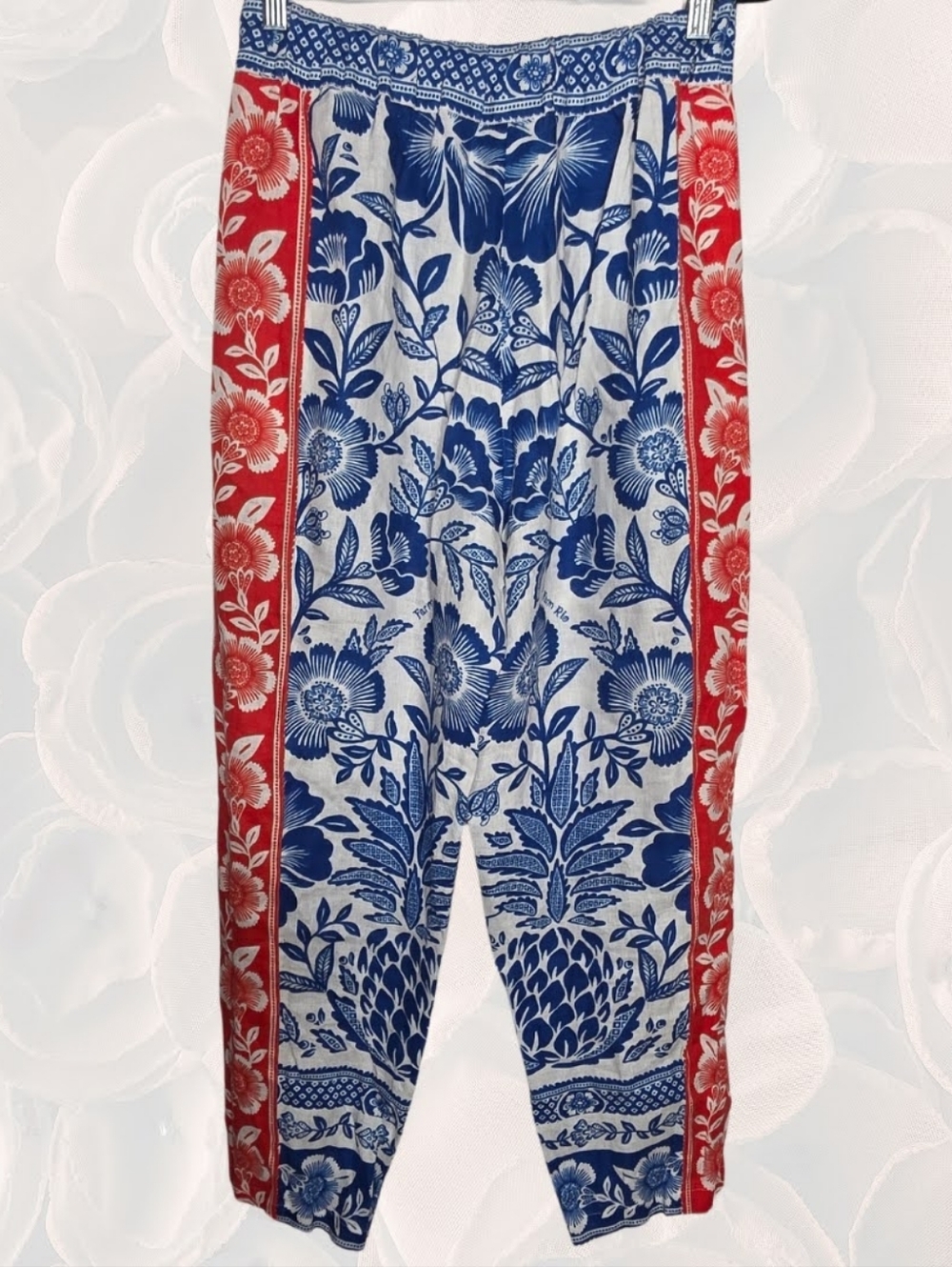 FARM Rio for Anthropologie Blue Floral Pants Red Side Stripe Size S - Picture 5 of 9